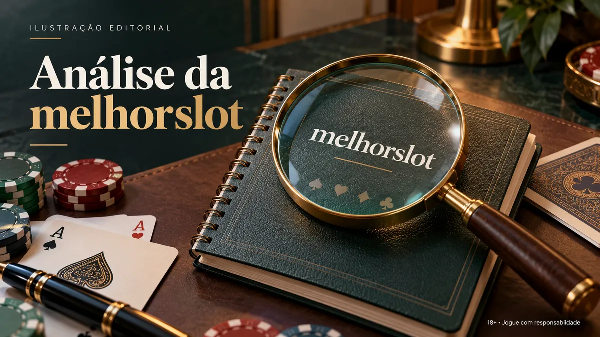 Lupa sobre caderno verde com a palavra melhorslot, cartas e fichas ao redor