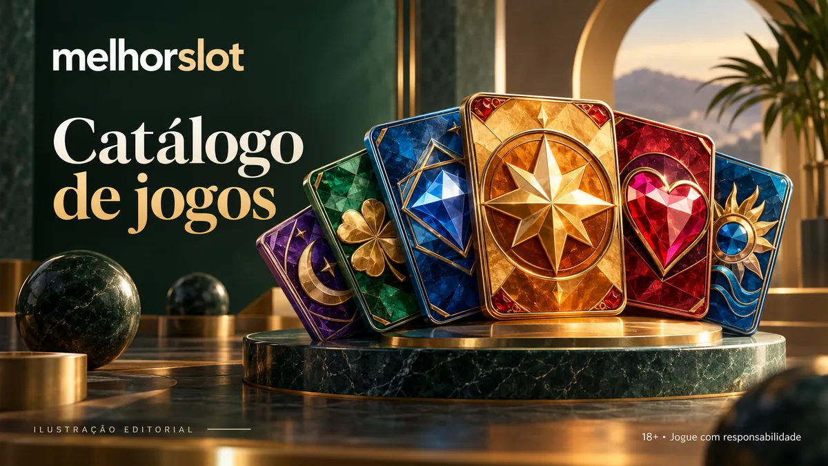 Cartas ornamentadas com joias e estrela dourada, título Catálogo de jogos