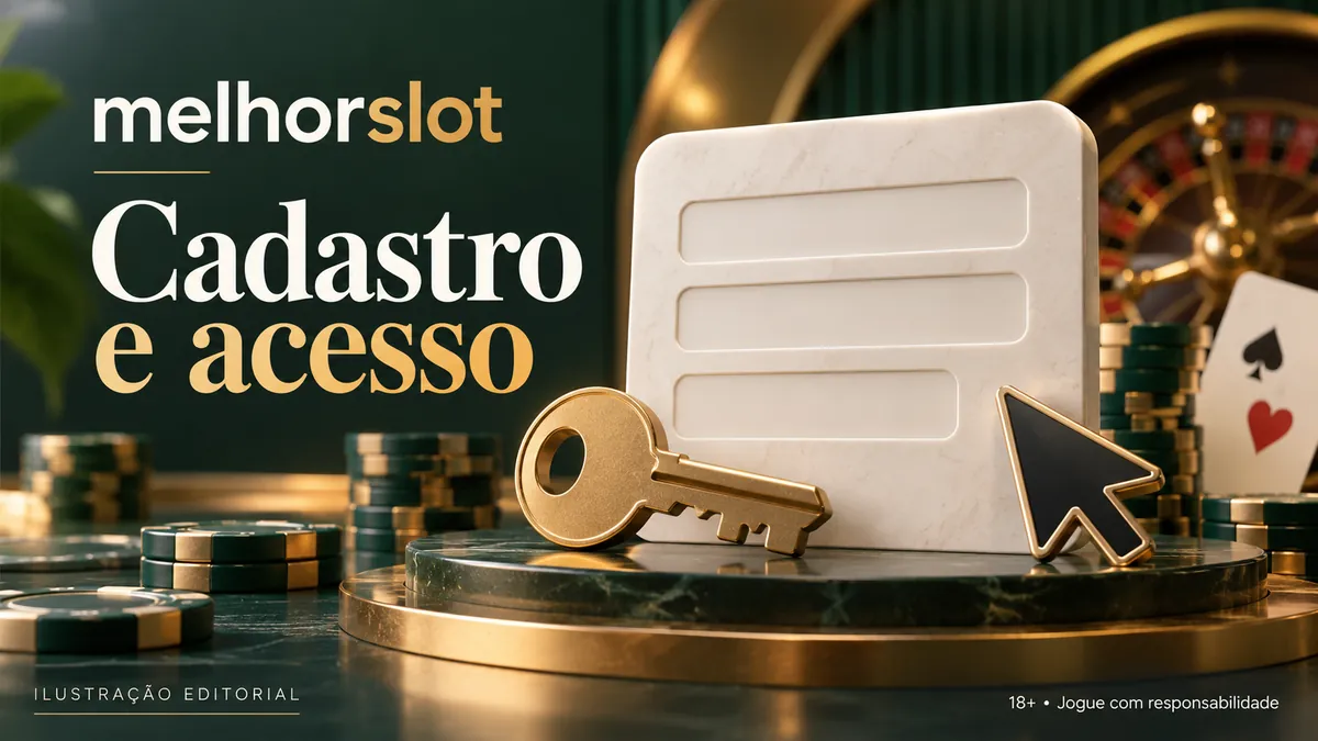 Painel de formulário, chave e cursor sobre base de mármore, título Cadastro e acesso