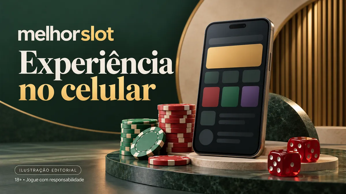Celular com tela de blocos coloridos, fichas e dados vermelhos, título Experiência no celular