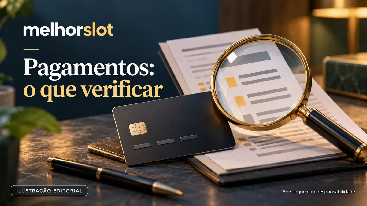 Cartão, caneta e documentos sob lupa, título Pagamentos: o que verificar