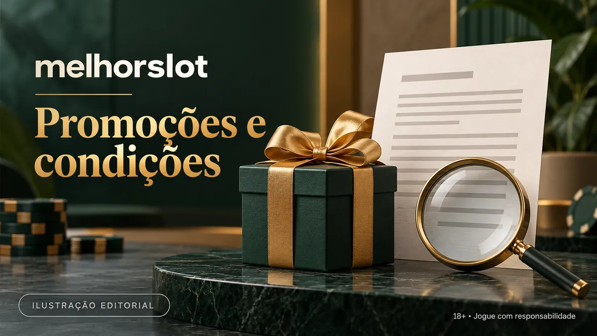 Presente com fita dourada e folha de condições com lupa, título Promoções e condições
