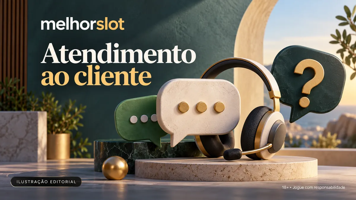 Headset, balões de conversa e ponto de interrogação, título Atendimento ao cliente