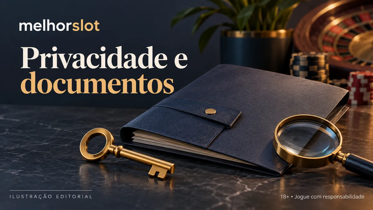 Pasta de documentos escura, chave e lupa sobre mármore, título Privacidade e documentos