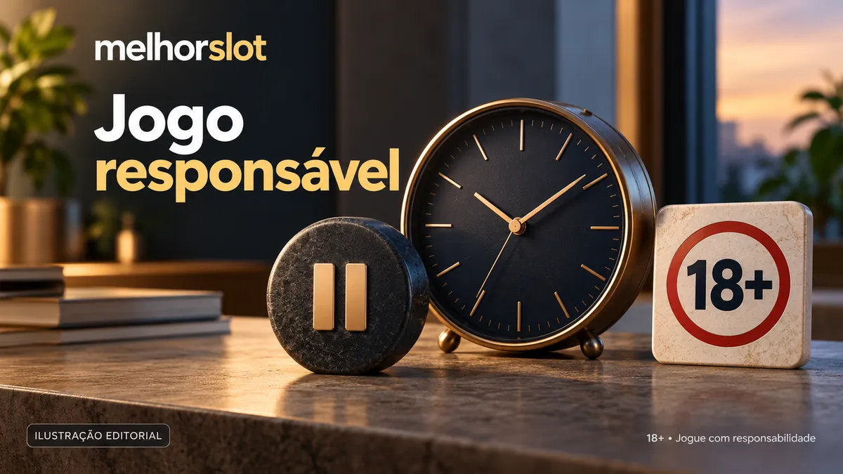 Relógio, botão de pausa e placa 18+, título Jogo responsável