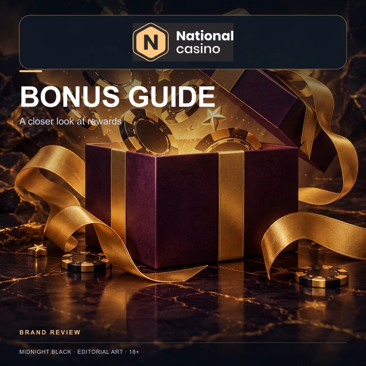 Oferta de bienvenida de National Casino. Antes de aceptarla, revisa el rollover y la apuesta máxima.
