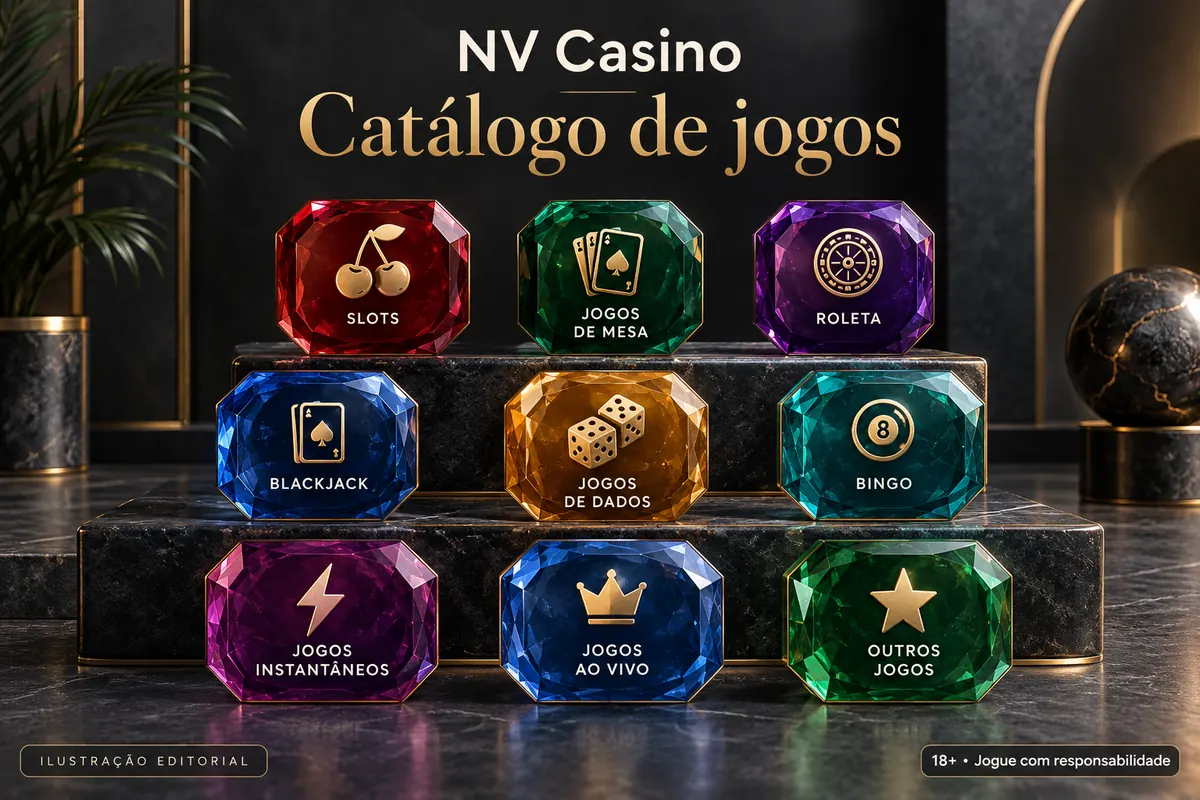 Catálogo de jogos de NV Casino: slots, mesas e cassino ao vivo. Ilustração editorial.