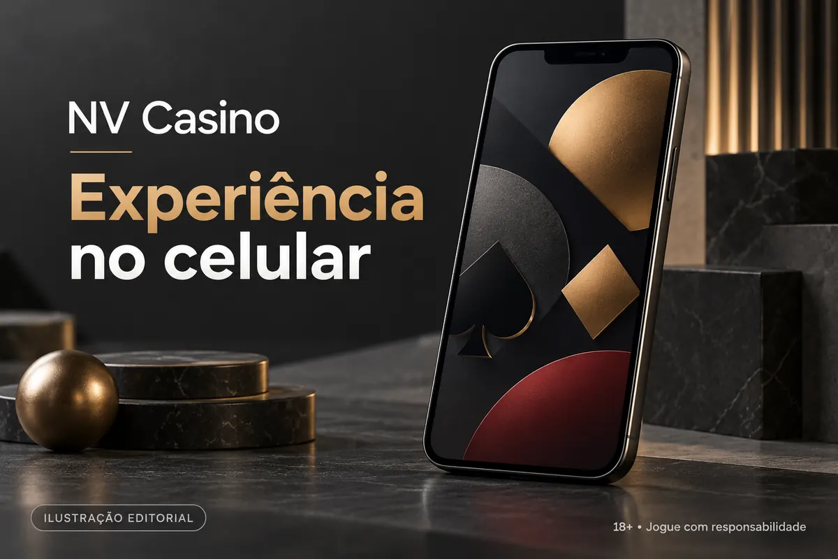 NV Casino no celular: funciona pelo navegador, o app é opcional. Ilustração editorial.