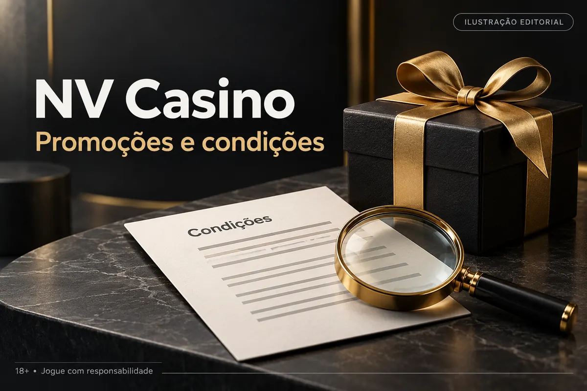 Promoções e condições em NV Casino: confira o rollover e a aposta máxima. Ilustração editorial.