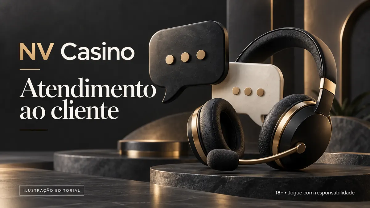 Atendimento ao cliente de NV Casino: chat e e-mail; confira horários e idioma. Ilustração editorial.