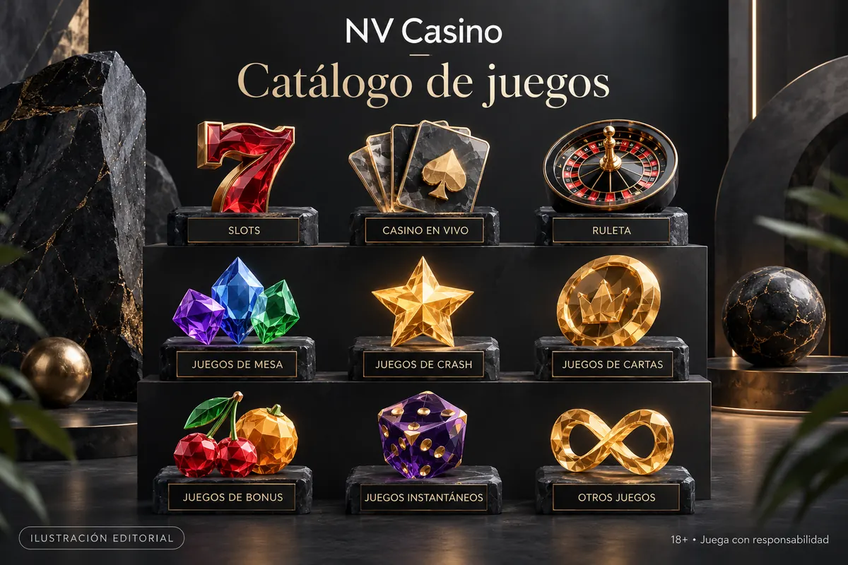 Catálogo de juegos de NV Casino: tragamonedas, mesas y casino en vivo. Ilustración editorial.