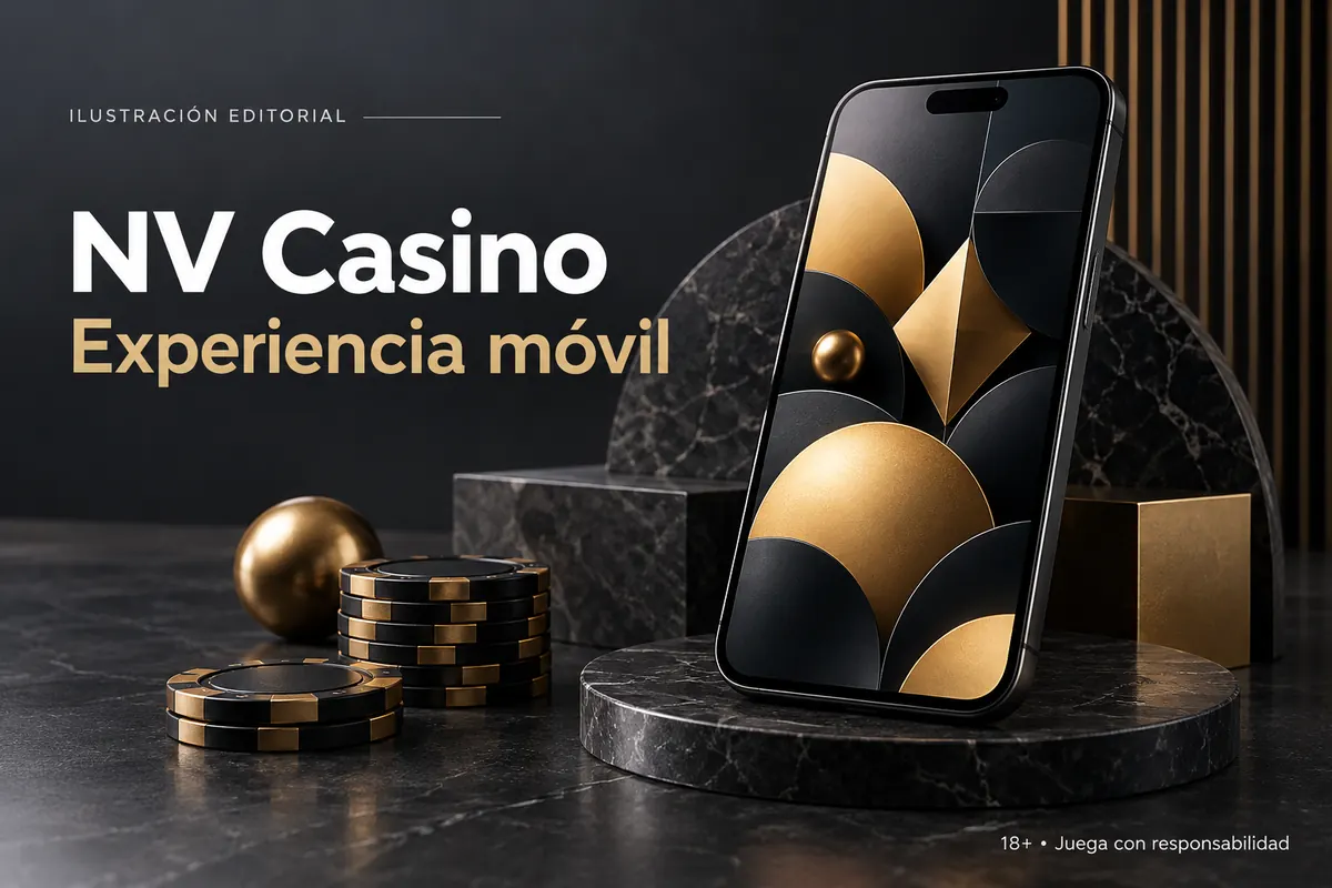 NV Casino en el celular: funciona desde el navegador, la app es opcional. Ilustración editorial.