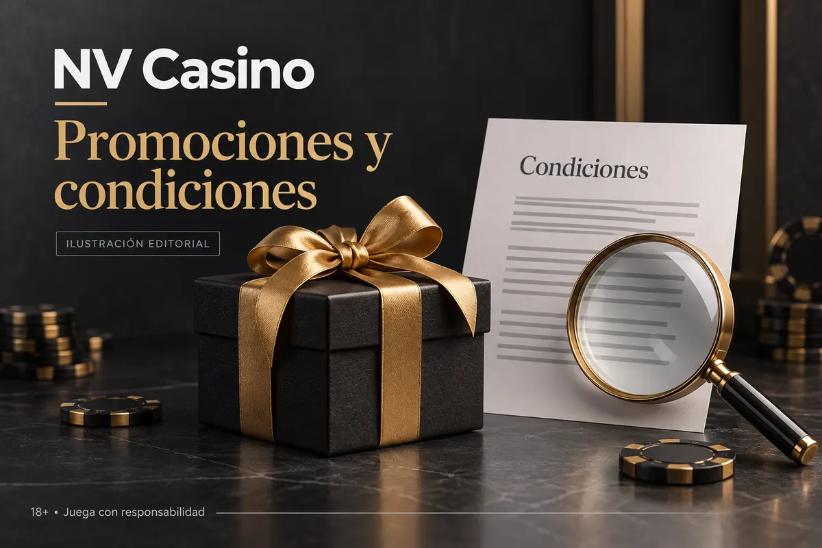 Promociones y condiciones en NV Casino: revisa el rollover y la apuesta máxima. Ilustración editorial.