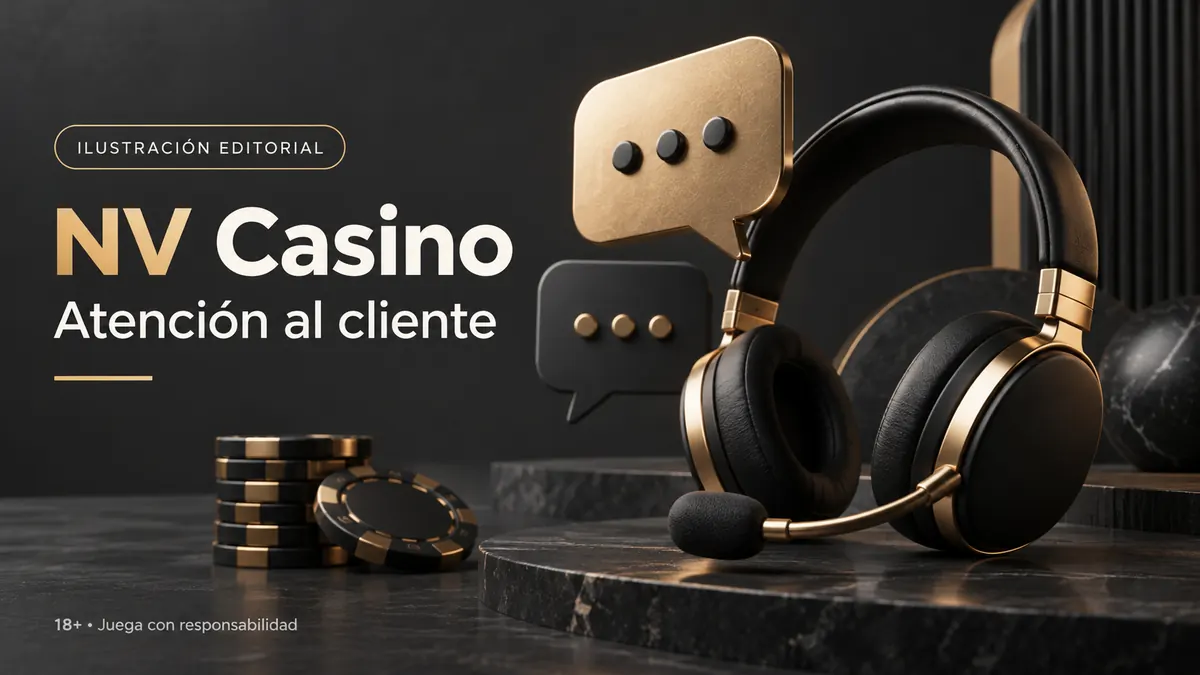 Atención al cliente de NV Casino: chat y correo; comprueba horarios e idioma. Ilustración editorial.