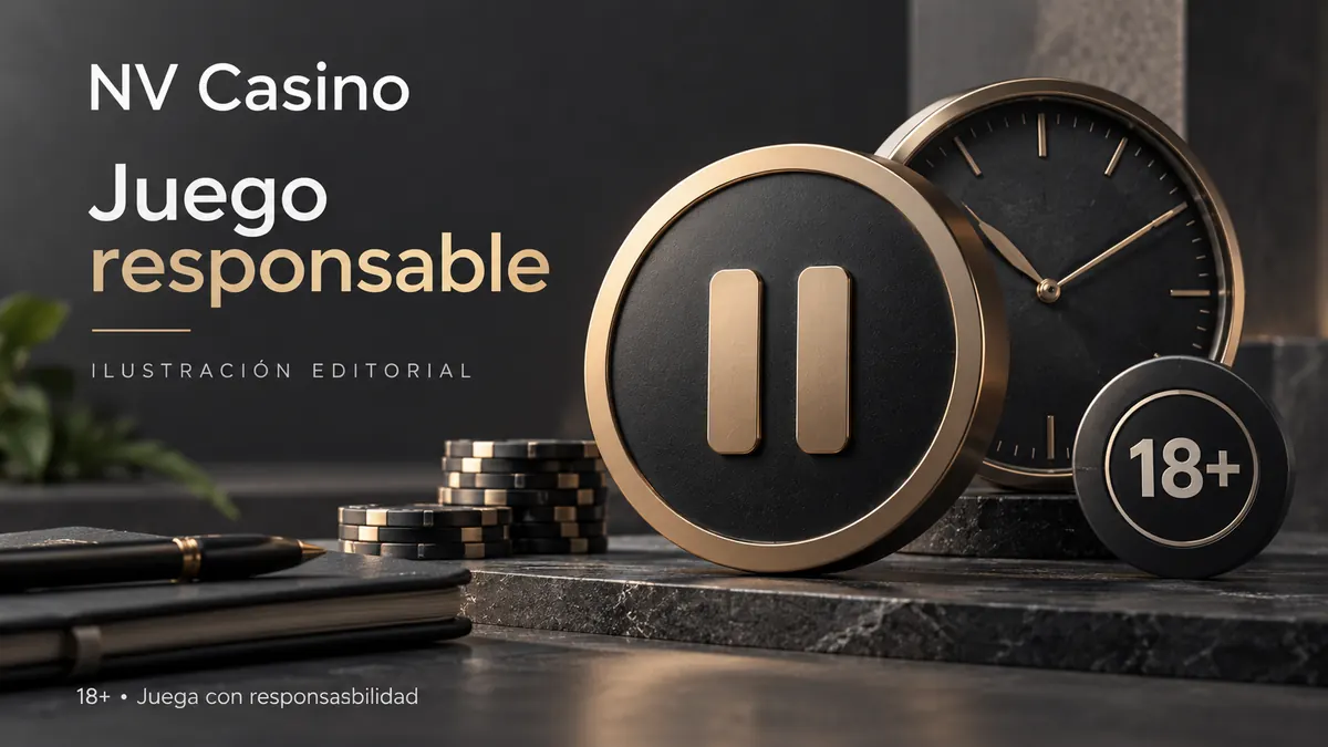 Juego responsable en NV Casino: límites de depósito, pausas y autoexclusión. Ilustración editorial.