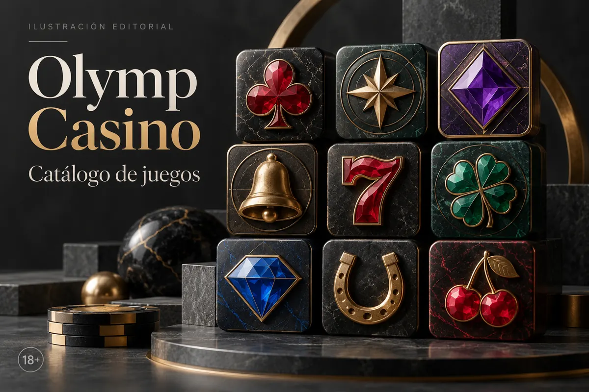 Catálogo de juegos de Olymp Casino: tragamonedas, mesas y casino en vivo. Ilustración editorial.