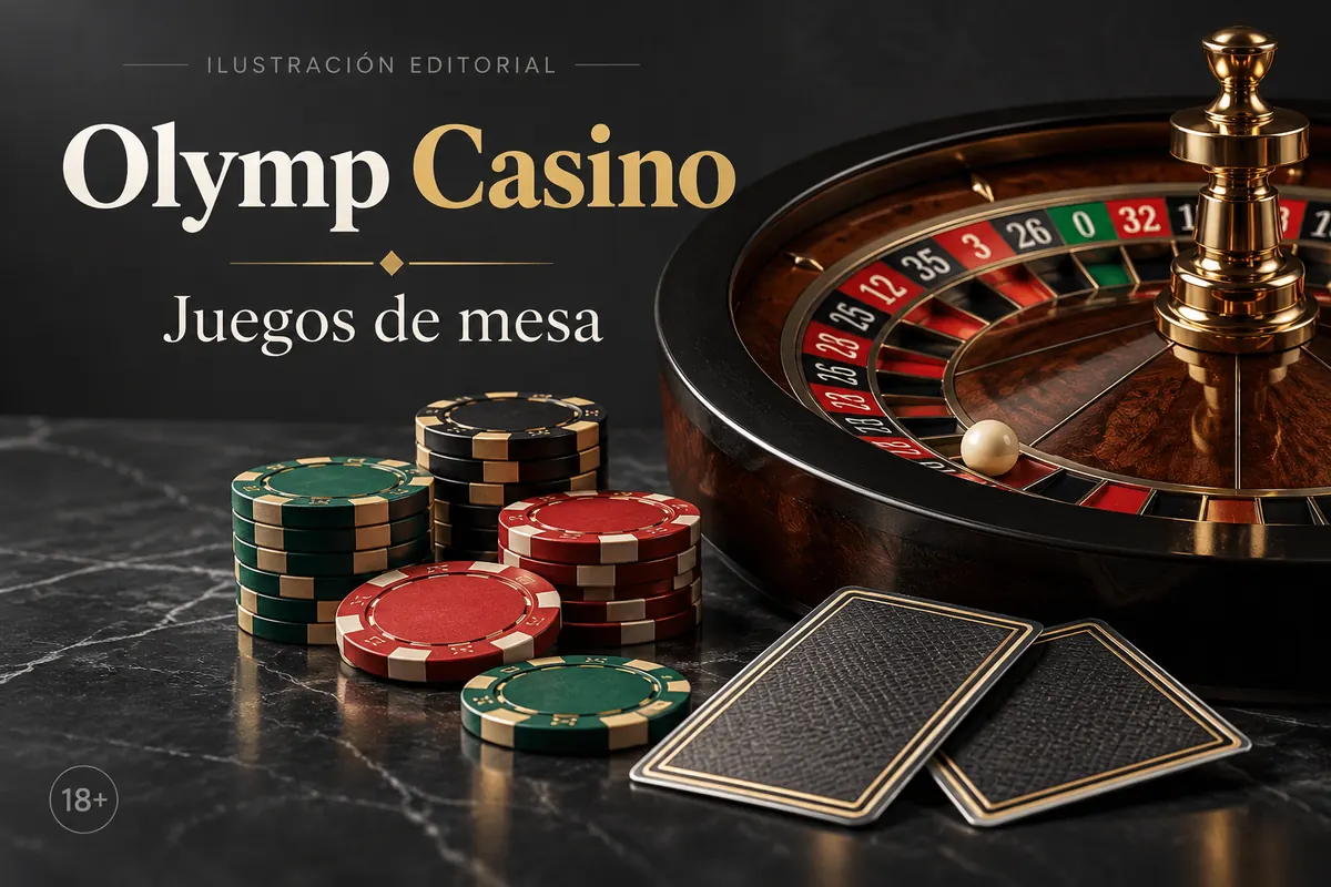 Juegos de mesa en Olymp Casino: ruleta, blackjack y bacará. Ilustración editorial.