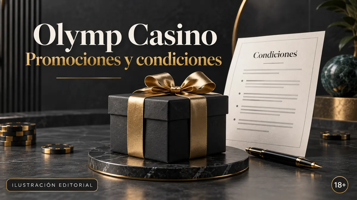 Promociones y condiciones en Olymp Casino: revisa el rollover y la apuesta máxima. Ilustración editorial.