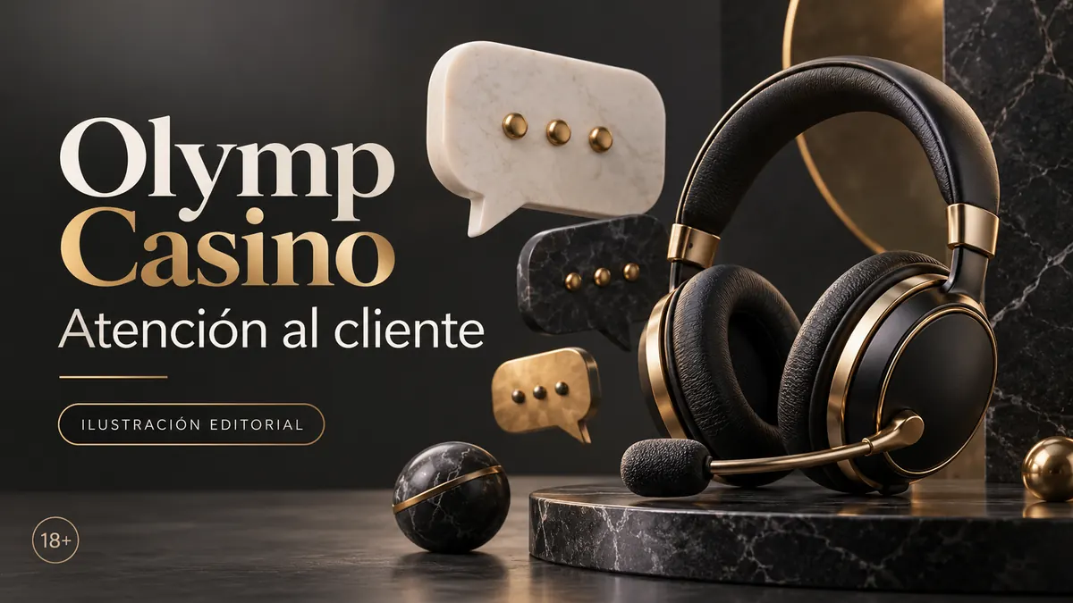 Atención al cliente de Olymp Casino: chat y correo; comprueba horarios e idioma. Ilustración editorial.