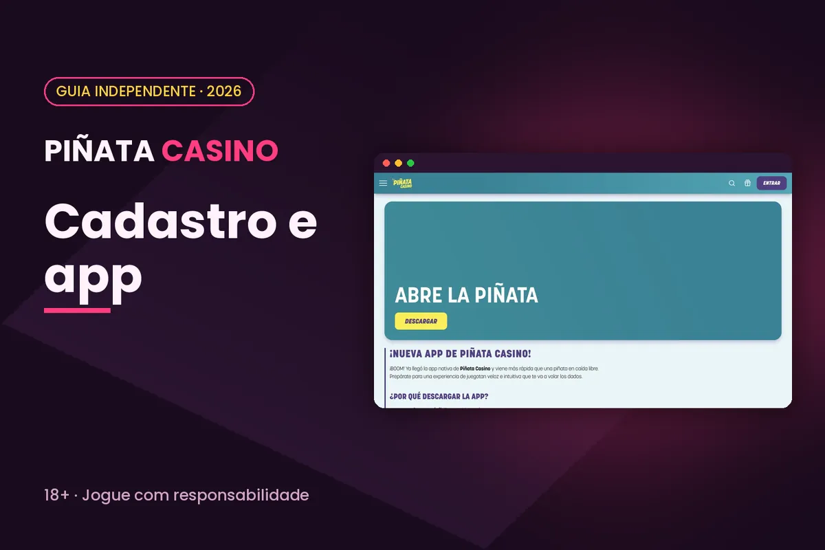 Capa 'Cadastro e app' com a página do aplicativo de pinatacasino.es