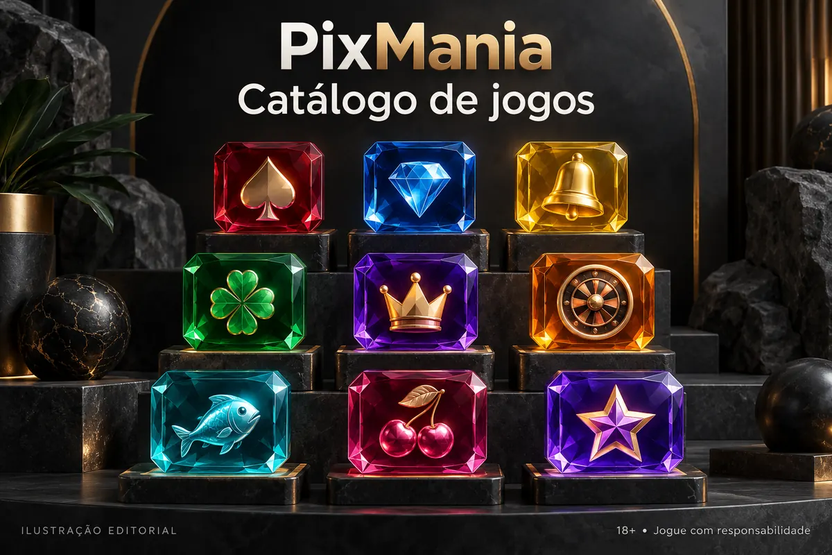 Catálogo de jogos de PixMania: slots, mesas e cassino ao vivo. Ilustração editorial.