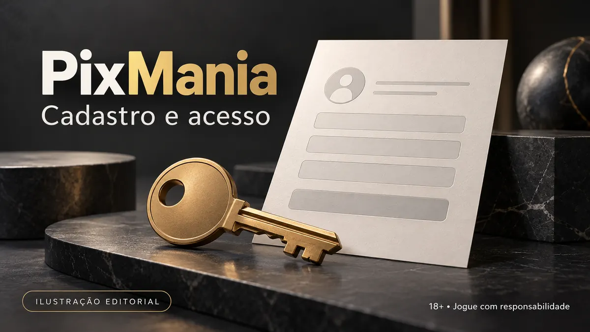 Cadastro e acesso em PixMania: dados reais e verificação da conta. Ilustração editorial.