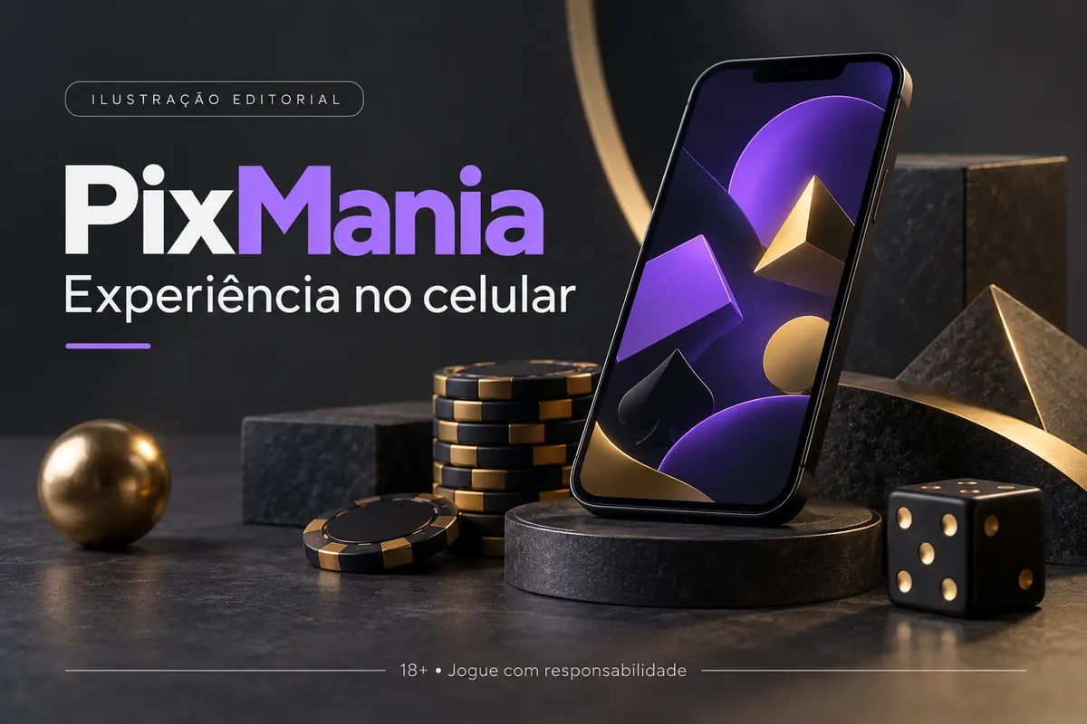 PixMania no celular: funciona pelo navegador, o app é opcional. Ilustração editorial.