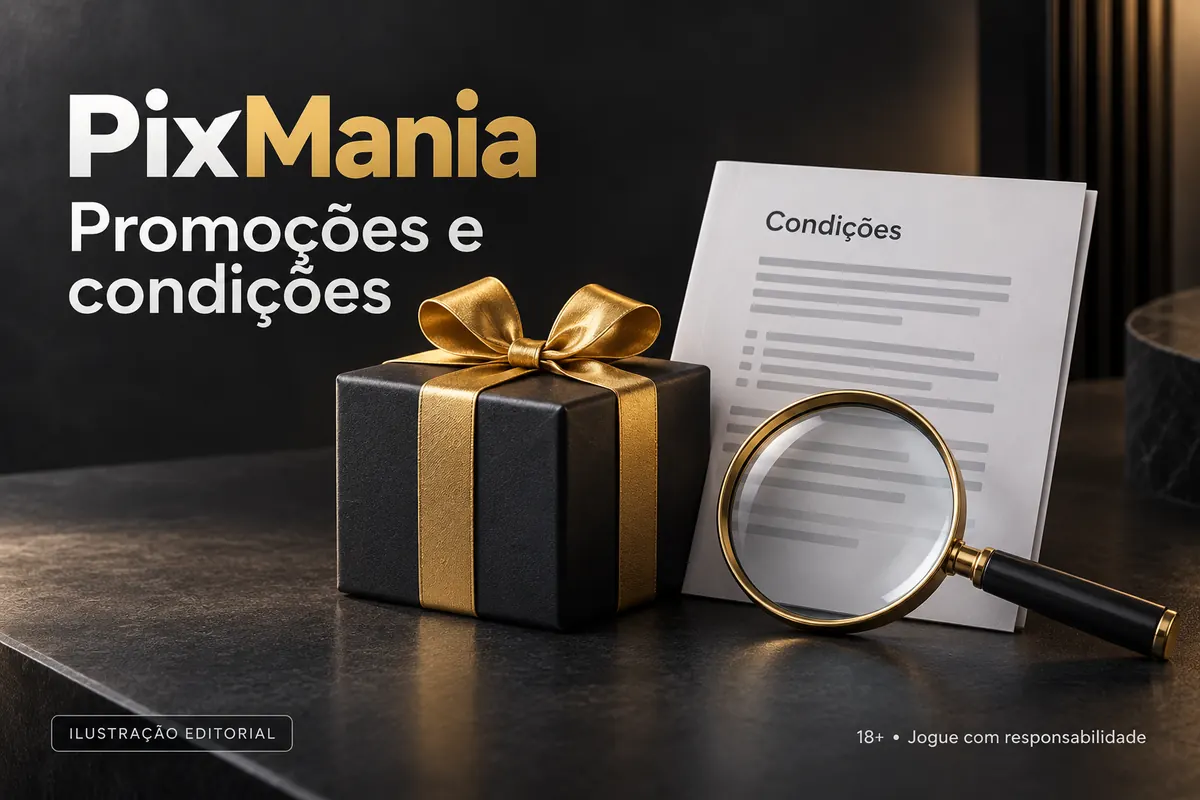 Promoções e condições em PixMania: confira o rollover e a aposta máxima. Ilustração editorial.