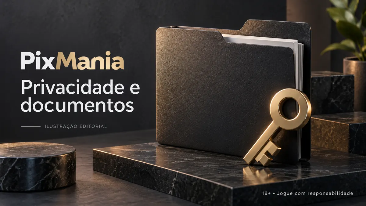 Privacidade e documentos em PixMania: verificação de identidade antes do primeiro saque. Ilustração editorial.