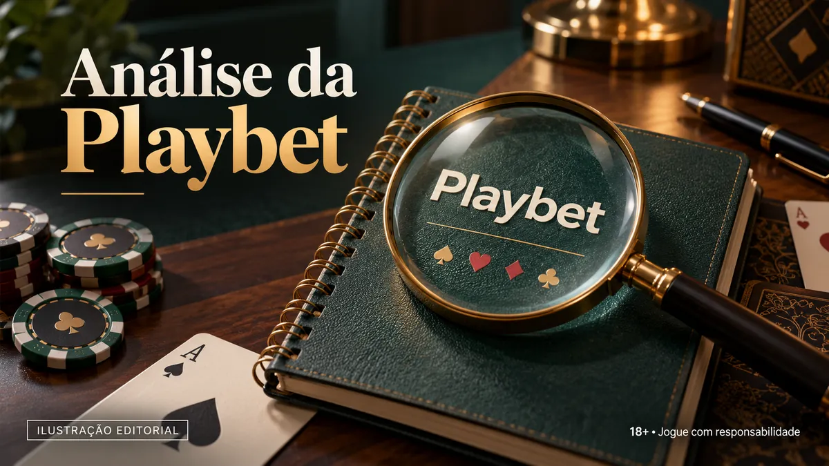 Caderno verde com a palavra Playbet sob uma lupa, ao lado de fichas e de um ás de espadas