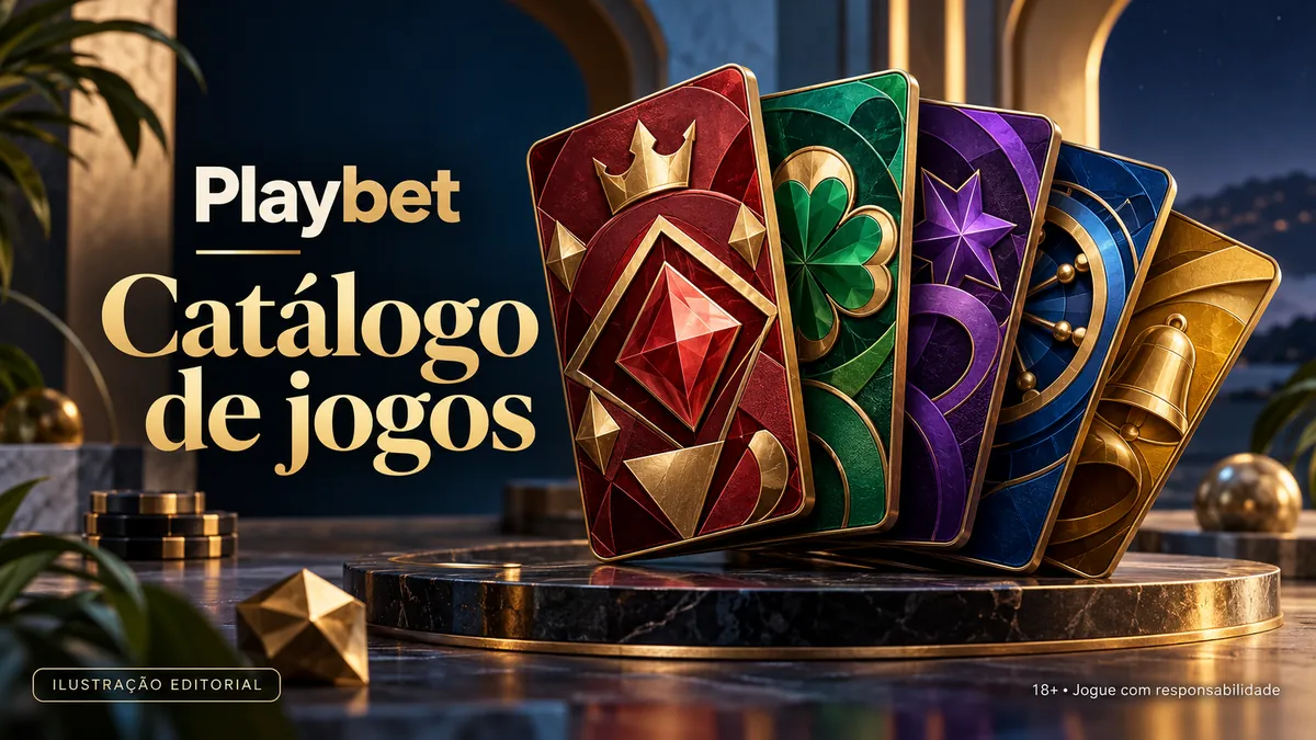 Cartas estilizadas em leque sobre pedestal, com o texto Playbet Catálogo de jogos