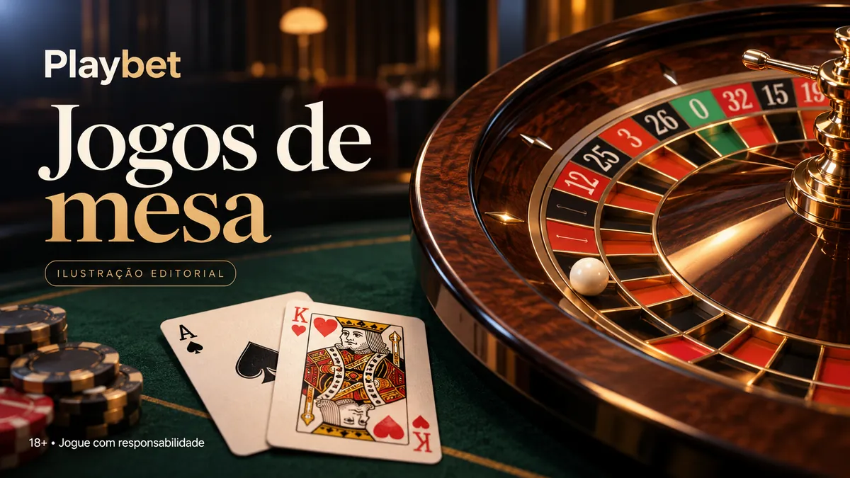 Roleta de madeira e cartas de baralho sobre feltro, com o texto Playbet Jogos de mesa