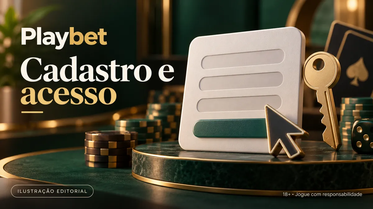 Formulário estilizado, cursor e chave dourada, com o texto Playbet Cadastro e acesso