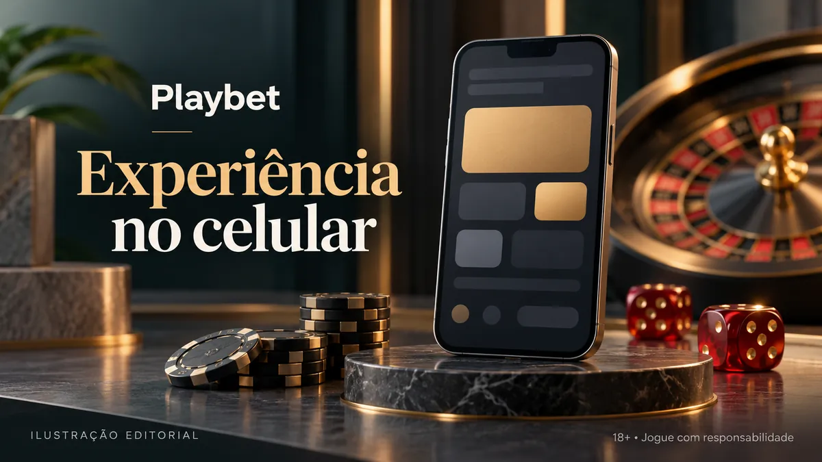 Celular em base de mármore com roleta e dados ao fundo, com o texto Playbet Experiência no celular