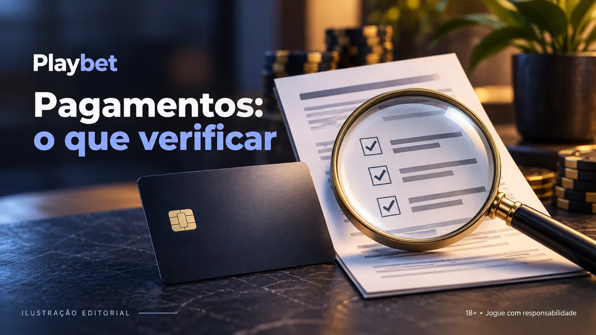 Cartão preto e lupa sobre lista com itens marcados, com o texto Playbet Pagamentos: o que verificar