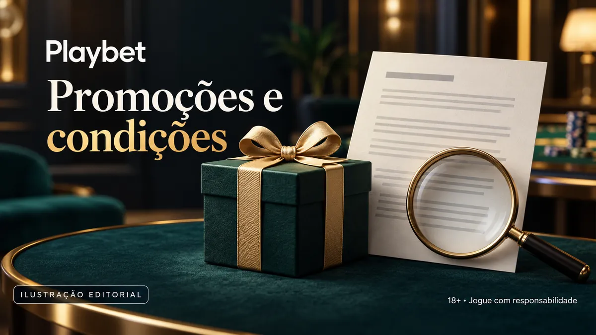 Caixa de presente com laço dourado e lupa diante de um documento, com o texto Playbet Promoções e condições