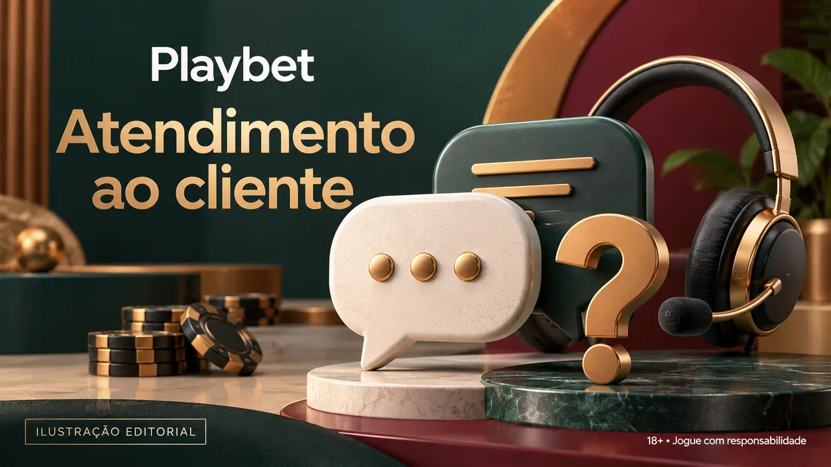 Balões de conversa, ponto de interrogação e fone de ouvido, com o texto Playbet Atendimento ao cliente
