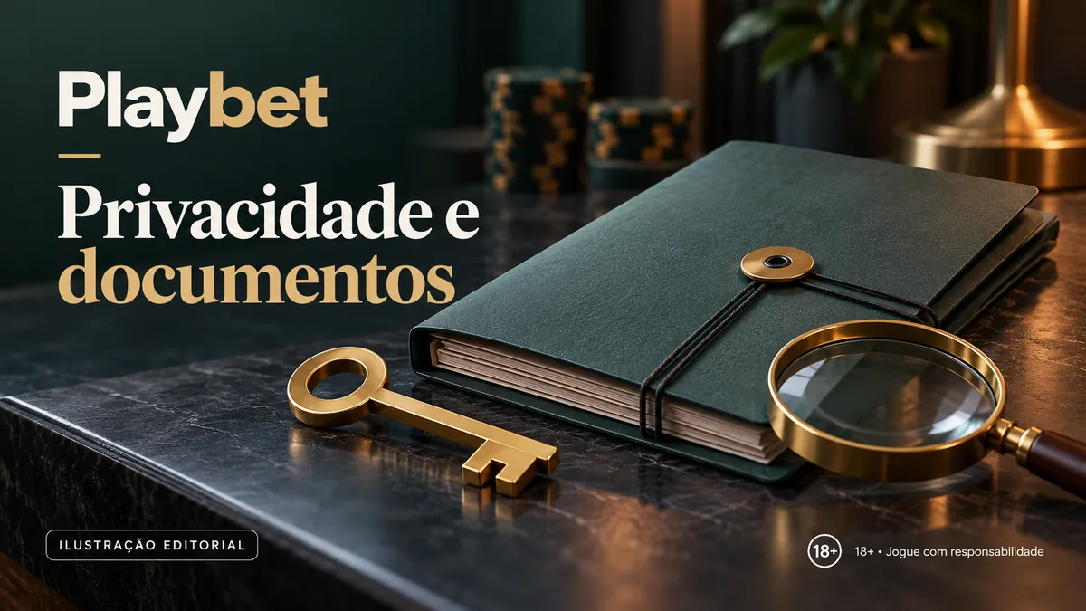 Pasta de couro, chave dourada e lupa, com o texto Playbet Privacidade e documentos