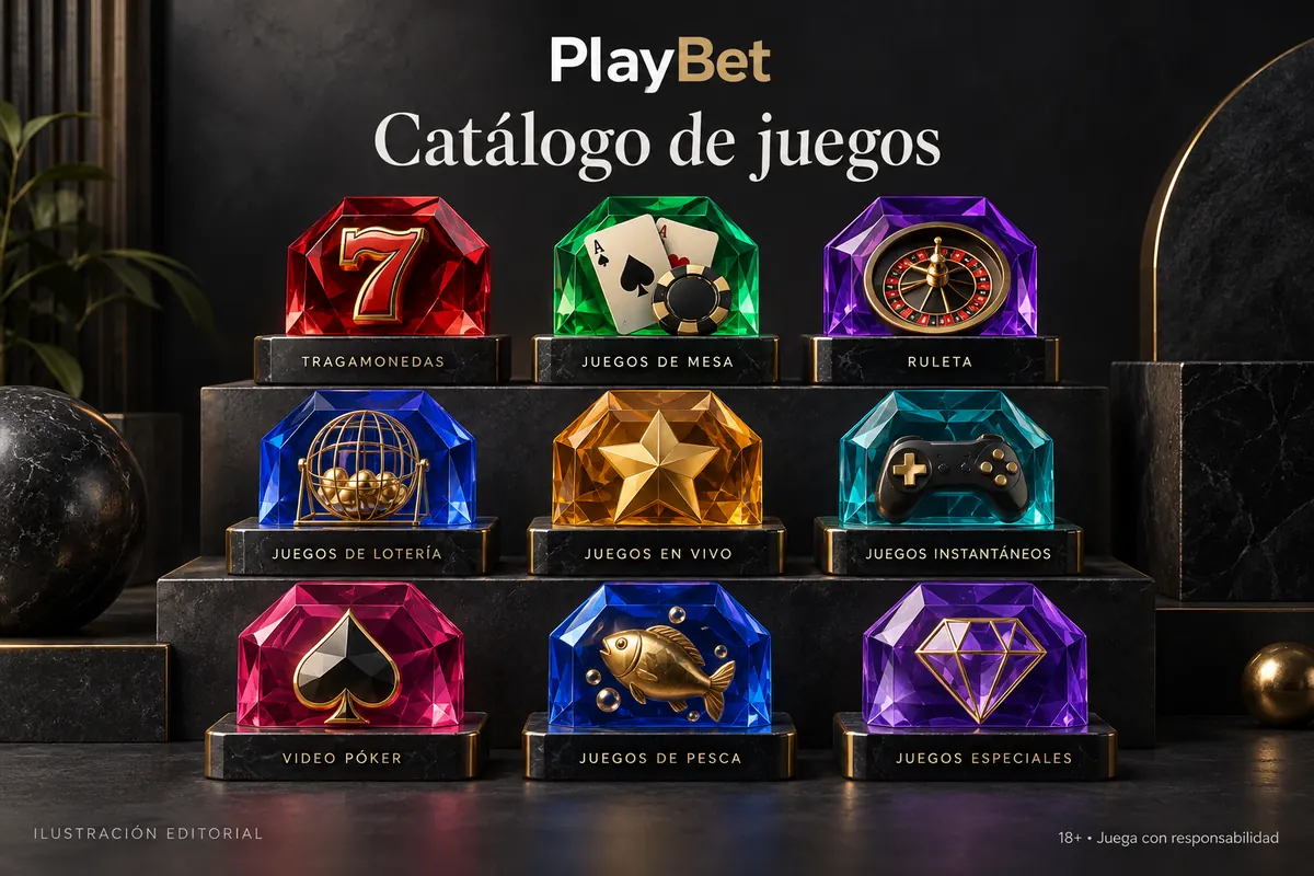 Catálogo de juegos de Playbet.io: tragamonedas, mesas y casino en vivo. Ilustración editorial.