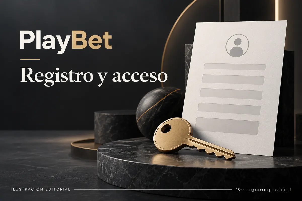 Registro y acceso en Playbet.io: datos reales y verificación de la cuenta. Ilustración editorial.