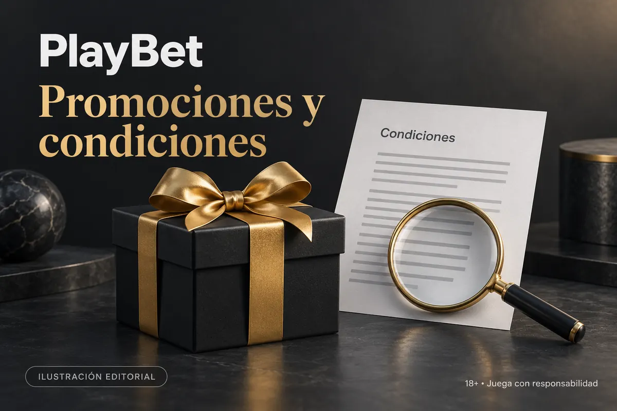 Promociones y condiciones en Playbet.io: revisa el rollover y la apuesta máxima. Ilustración editorial.