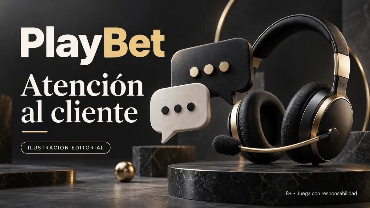 Atención al cliente de Playbet.io: chat y correo; comprueba horarios e idioma. Ilustración editorial.