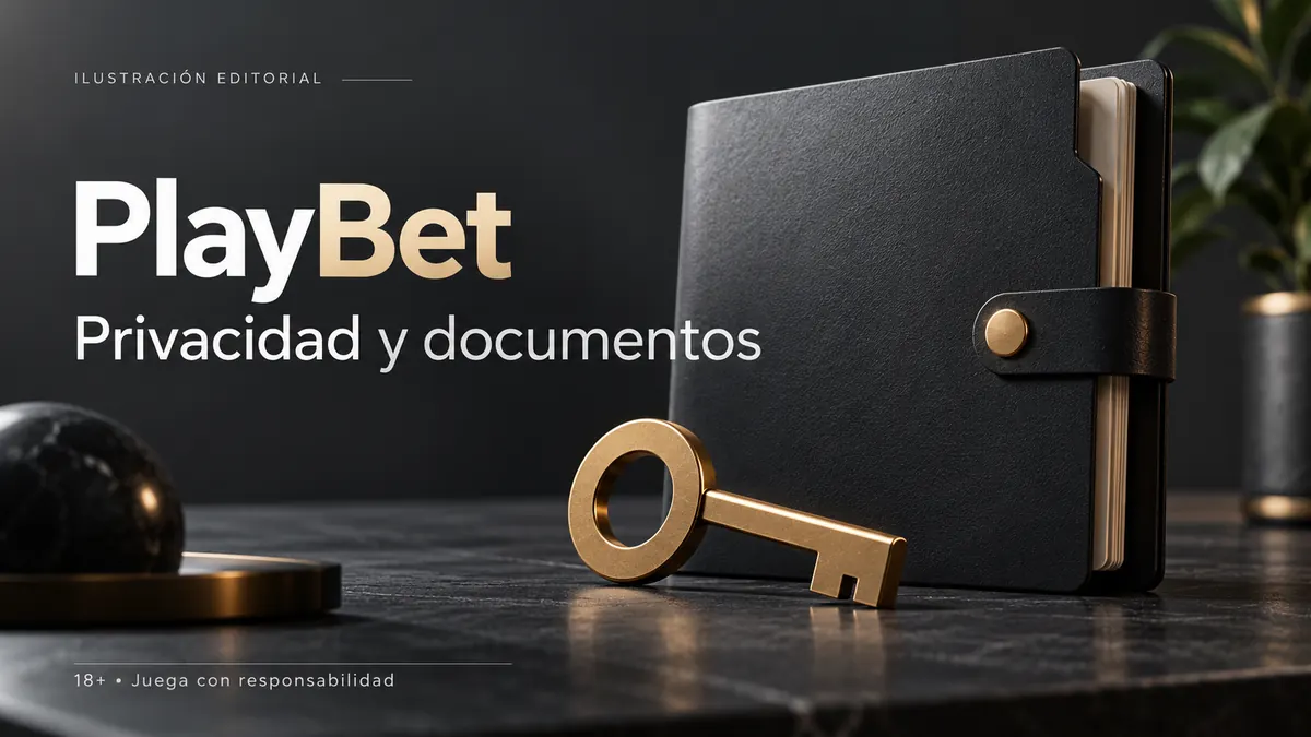 Privacidad y documentos en Playbet.io: verificación de identidad antes del primer retiro. Ilustración editorial.