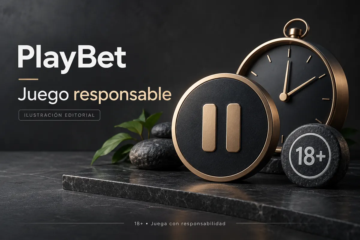 Juego responsable en Playbet.io: límites de depósito, pausas y autoexclusión. Ilustración editorial.