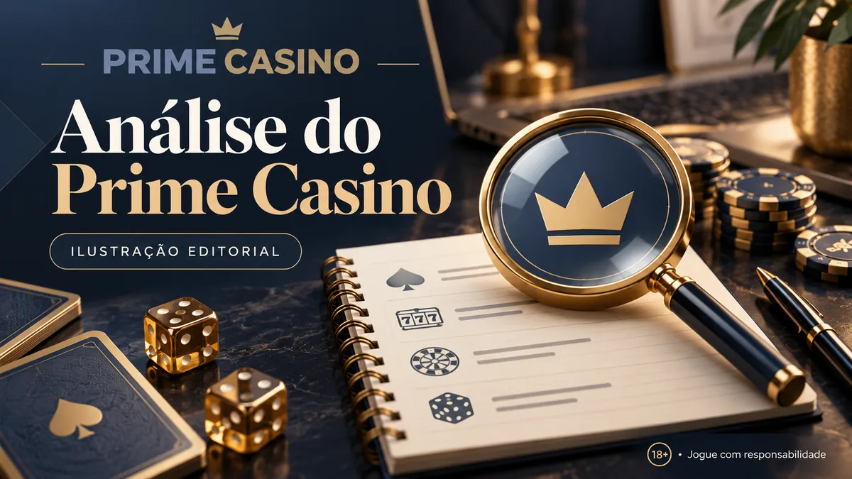 Ilustração com lupa e caderno de anotações sob o título 'Análise do Prime Casino'