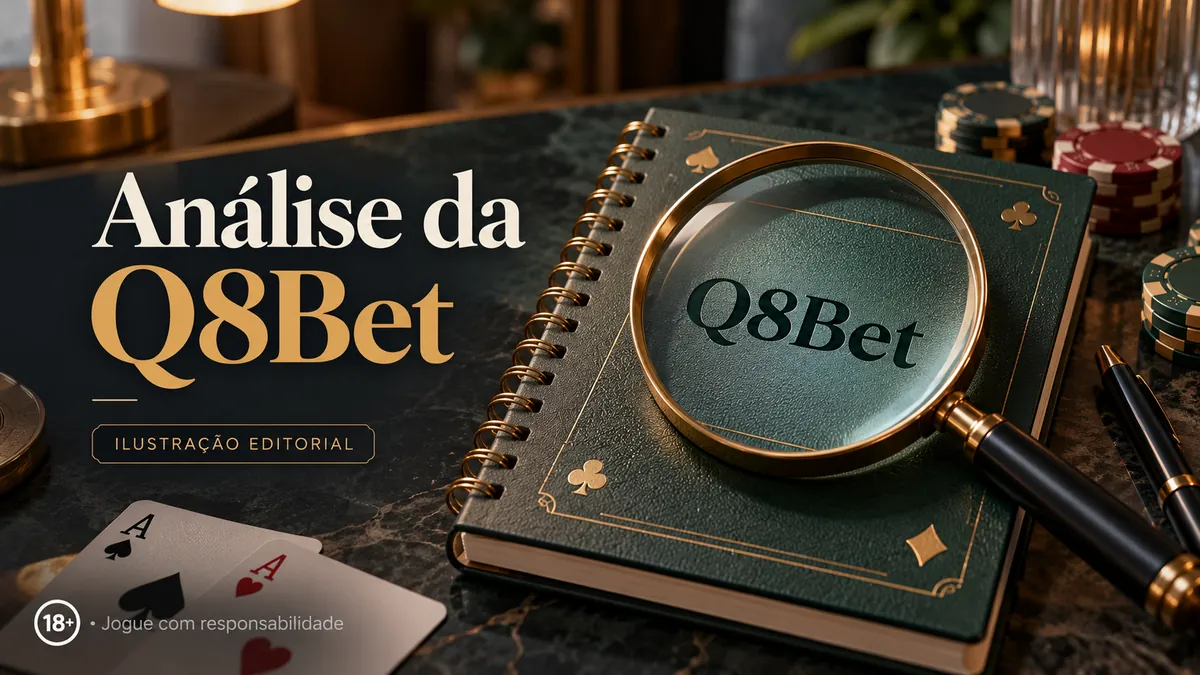 Caderno verde com lupa sobre o nome Q8Bet, cartas e fichas na mesa