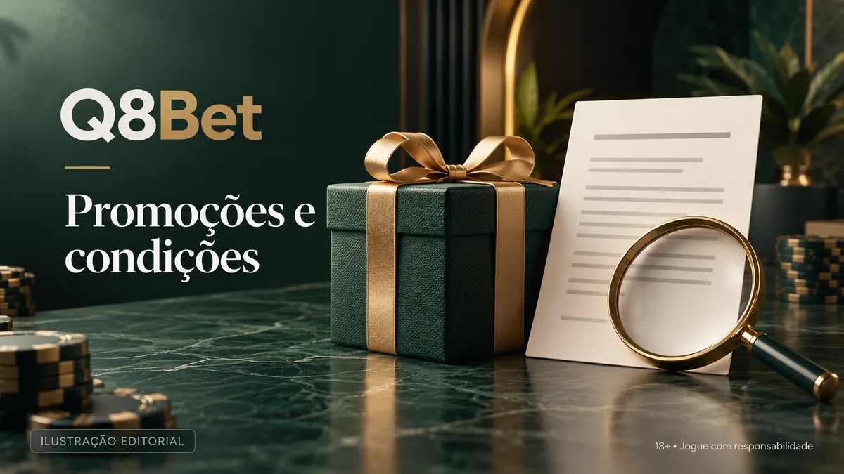 Caixa de presente verde com laço dourado ao lado de um documento e uma lupa