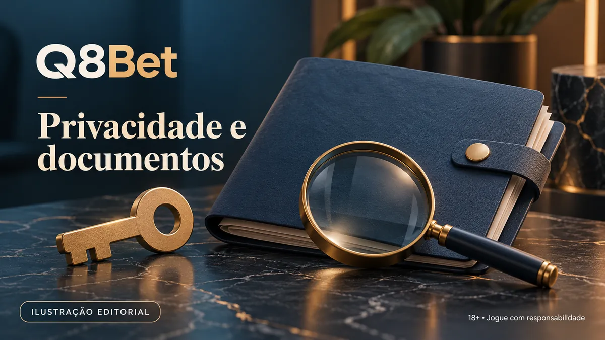 Carteira azul, lupa e chave dourada sobre mármore escuro