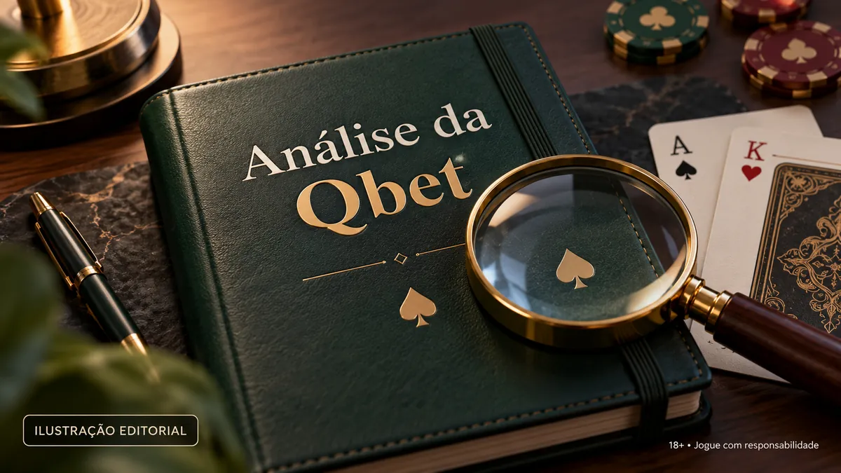 Caderno verde com o título Análise da Qbet, lupa dourada e cartas de baralho sobre a mesa