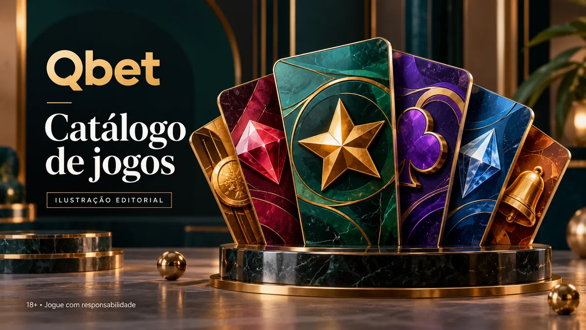 Cartas estilizadas com estrela, coração e diamante sobre pedestal, com o texto Qbet Catálogo de jogos